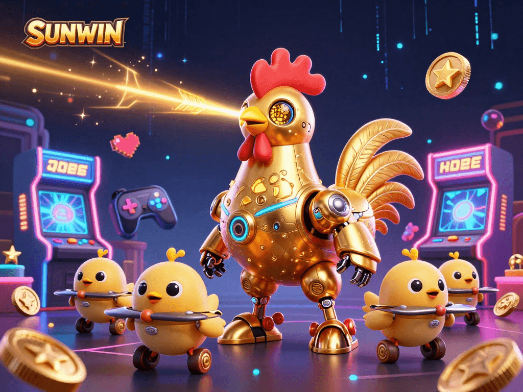 SUNWIN’s engaging 3D cartoon scene showcasing a golden rooster robot and drones amid vibrant arcade elements, evoking excitement.