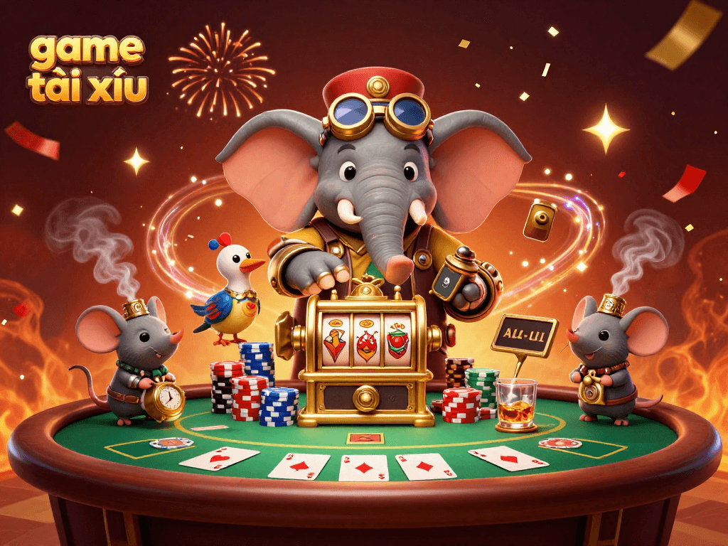 Play a thrilling game tài xỉu featuring a lively steampunk elephant at a vibrant poker scene.