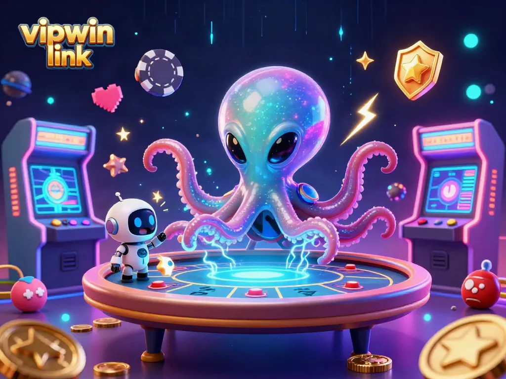 Engage with the exciting vipwin link experience as a cartoon alien octopus plays holographic poker.