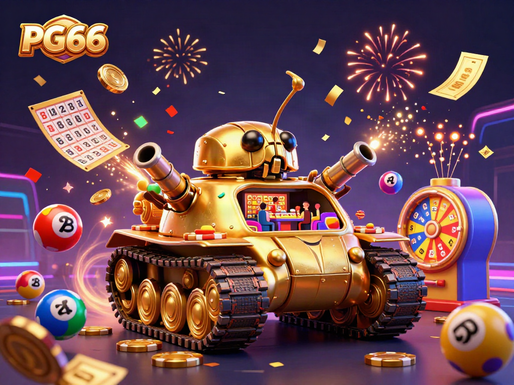 Experience the excitement of PG66 with a vibrant casino scene inside a golden beetle tank filled with action and games.