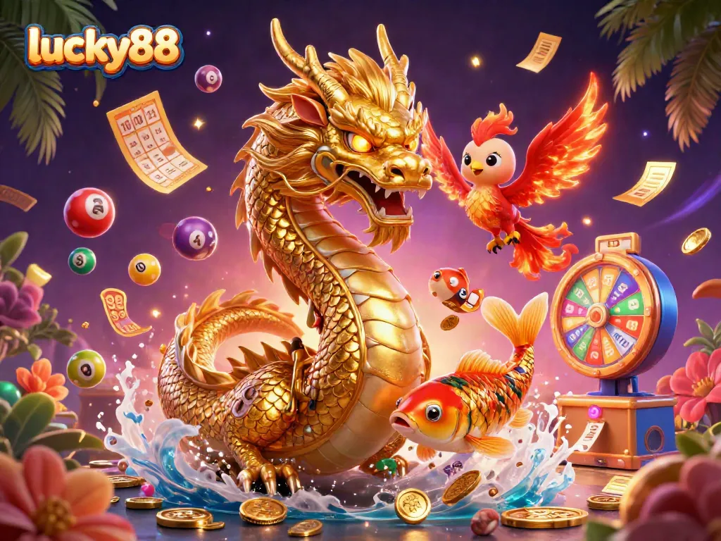 Spin to win at lucky88 with vibrant symbols around a majestic dragon and phoenix.