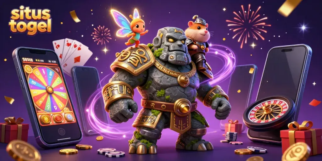 Sparkle magic and winning moments with situs togel in a vibrant 3D casino scene featuring a stone golem and a hamster knight