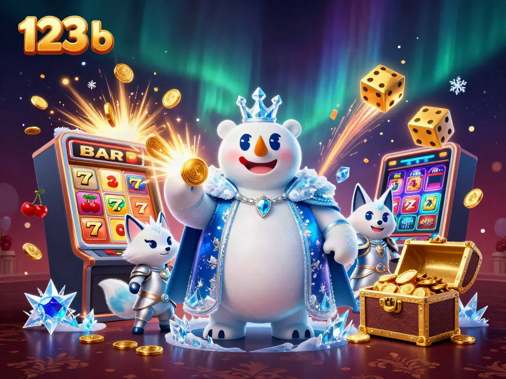 Experience thrilling wins with 123 b's vibrant casino atmosphere featuring animated characters and slot machines.