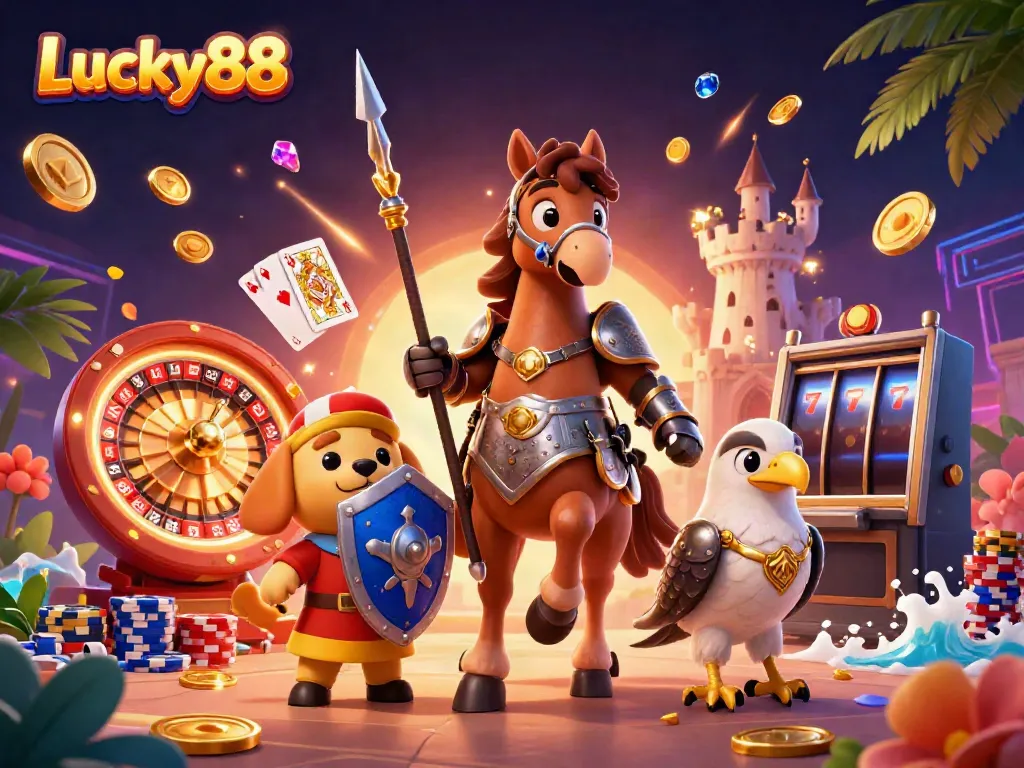 Experience the thrill of Lucky88 with vibrant characters, casino elements, and sparkling gems in this captivating scene.
