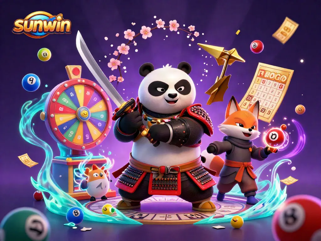 Experience sunwin with an engaging scene of a samurai panda and ninja fox themed around lottery and prizes.