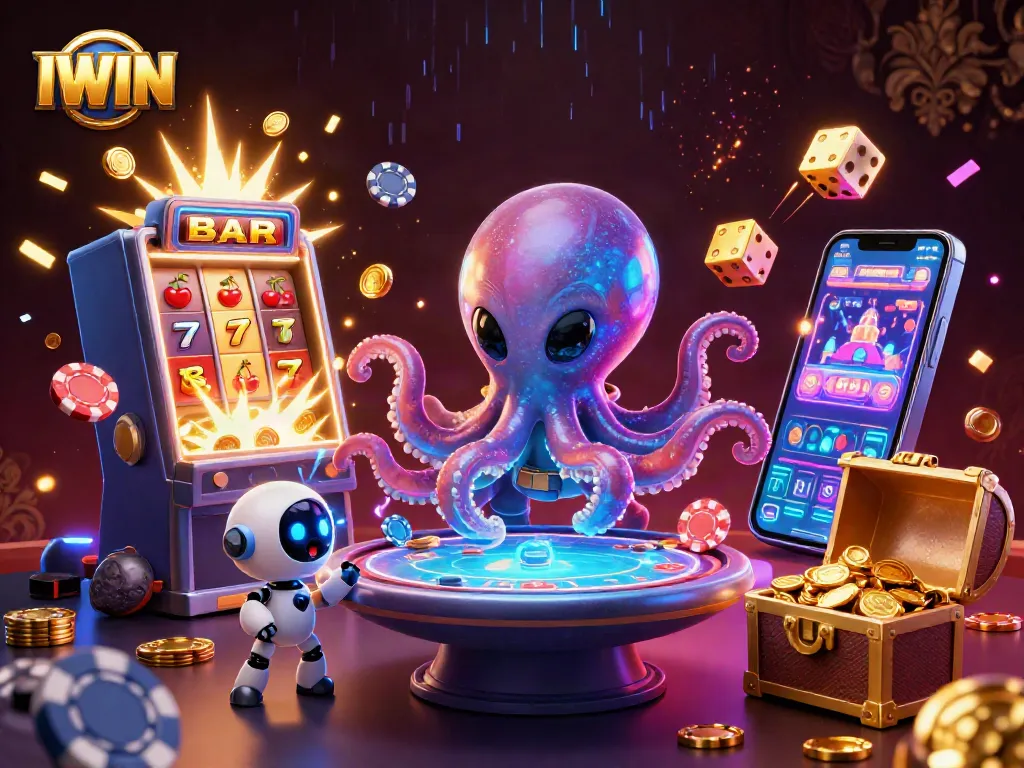 Engage with the vibrant IWIN casino experience featuring an octopus at a holographic poker table.