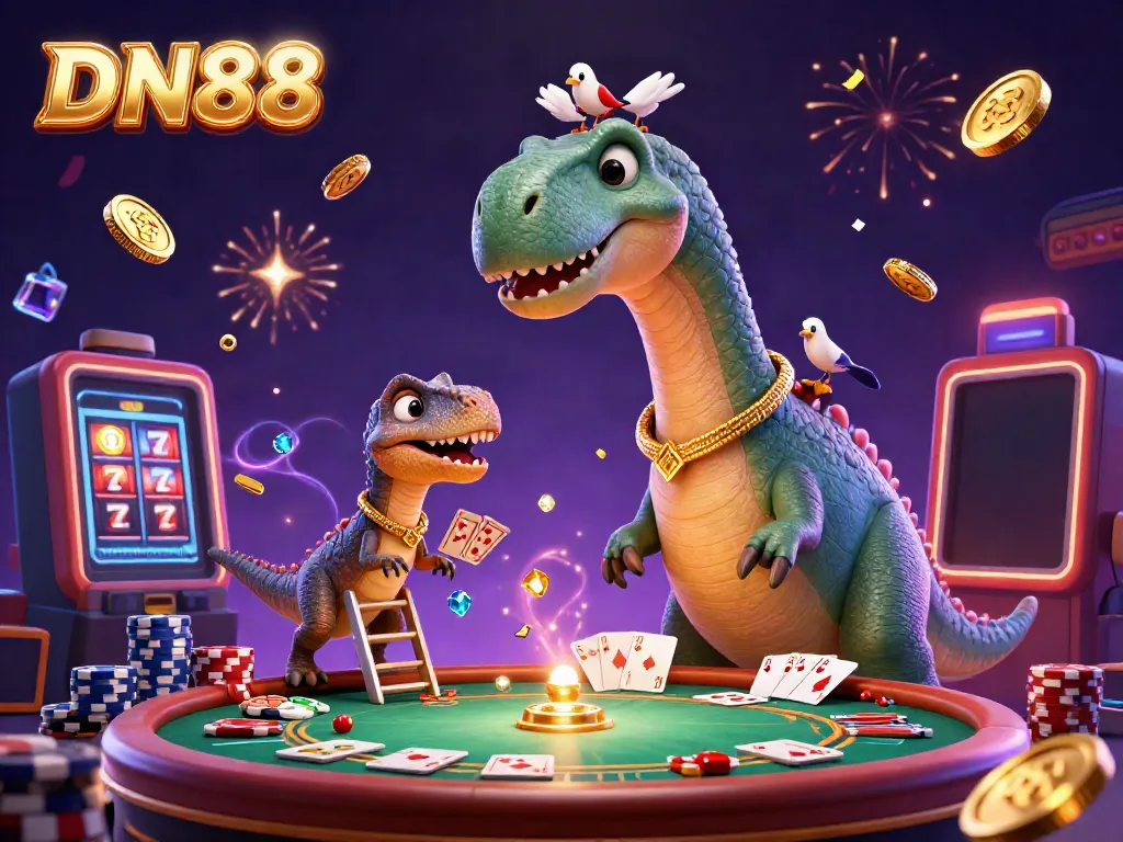 Experience the excitement of DN88 with a dynamic 3D casino scene showcasing a playful brontosaurus and raptor dealer amidst glittering coins.