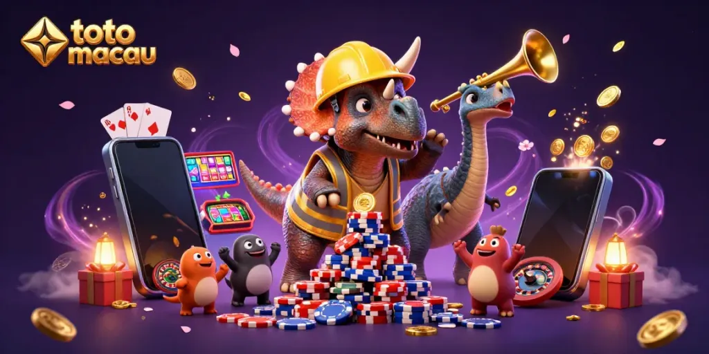 Menangkan toto macau dengan triceratops membangun piramida chip poker di dalam ilustrasi kasino yang meriah.