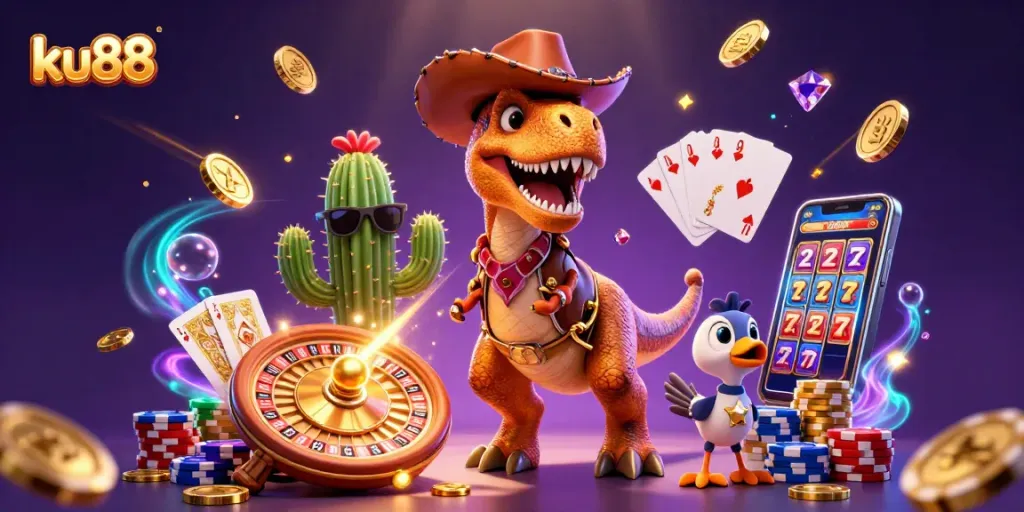 ku88 showcases an engaging casino scene with a dinosaur, cactus, and roadrunner amidst gold coins and roulette.