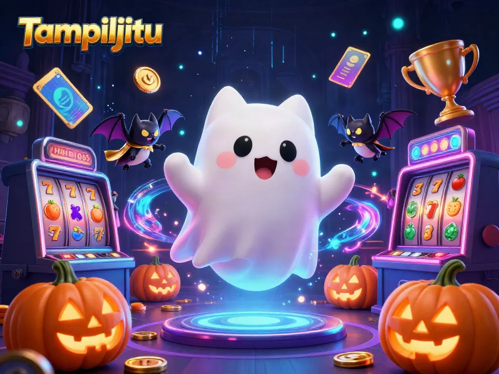 Tampiljitu: a lively scene with a ghost cat and vampire bat in a haunted casino, featuring slot machines and shining jackpots.