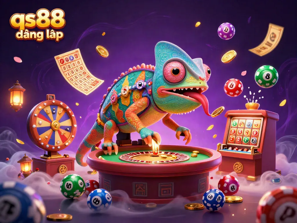 Experience the excitement of qs88 đăng nhập as the chameleon casino owner captures golden coins amidst vibrant gambling elements.