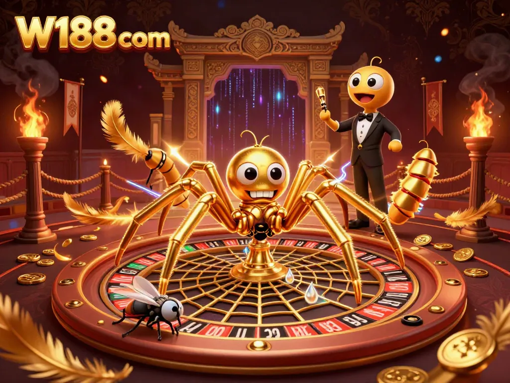 Experience thrilling bets at W188 com with vibrant elements of a roulette spider scene.