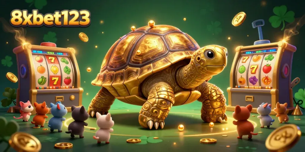 Play slots with excitement at 8xbet123, where golden tortoises and colorful symbols create a thrilling casino atmosphere.