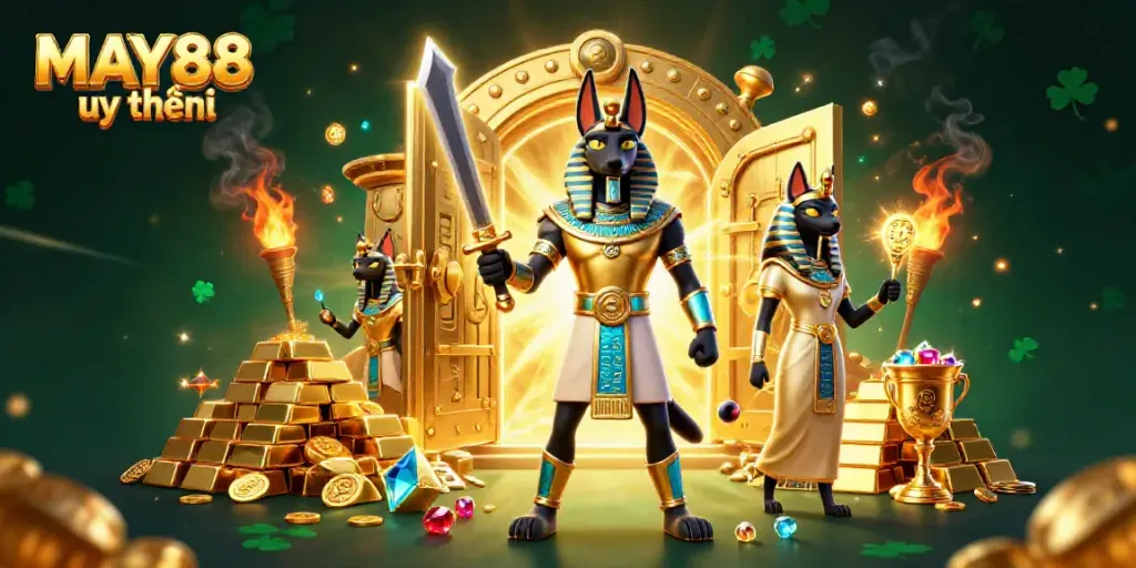 MAY88 uy tín showcases dynamic casino characters in a 3D treasure scene filled with gold and jewels.