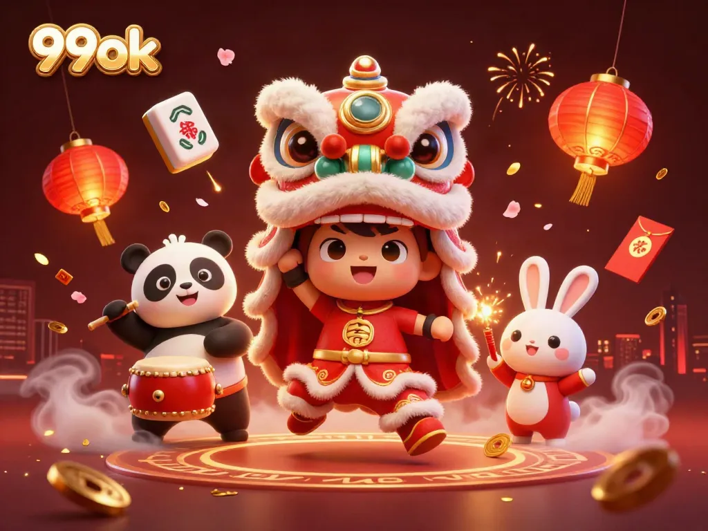 Engage with exciting casino experiences at 99ok with vibrant lion dance illustration and festive elements.