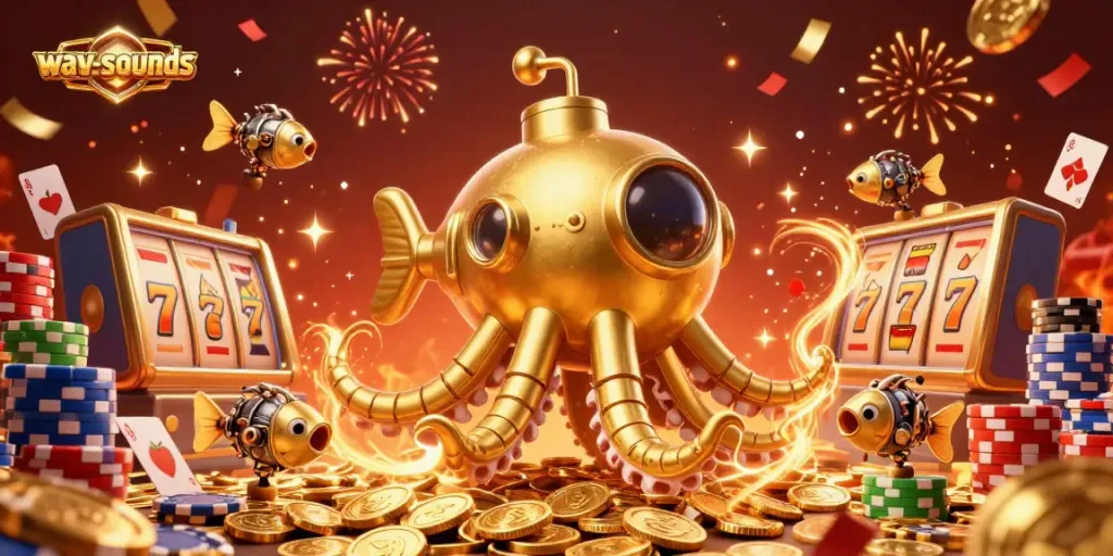 Menghasilkan suara unik di permainan kasino di wav-sounds saat jackpot hadir dengan tampilan slot dan koin emas.