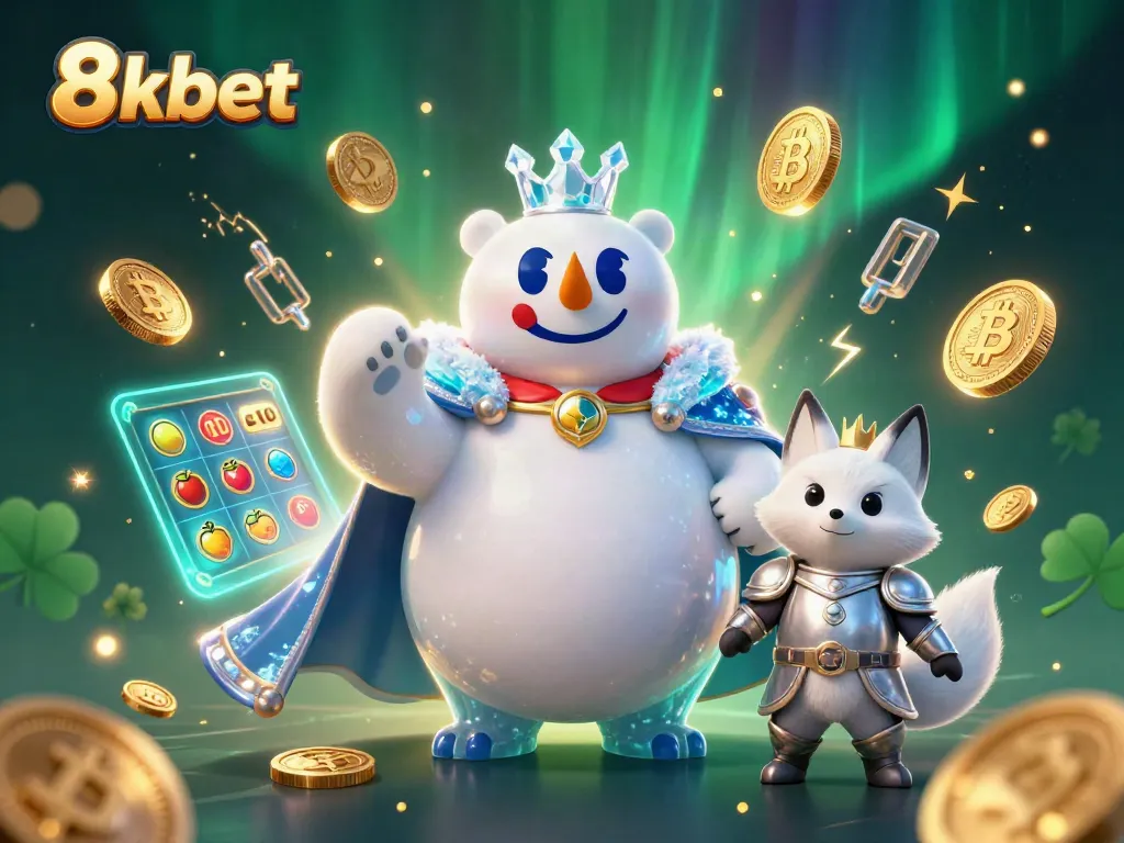 Experience the thrill of play at 8xbet with polar bear royalty and cryptocurrency elements in a lively casino scene.