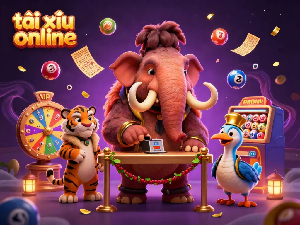 Experience the thrill of tài xỉu online with a vibrant casino scene featuring lively characters and game elements.