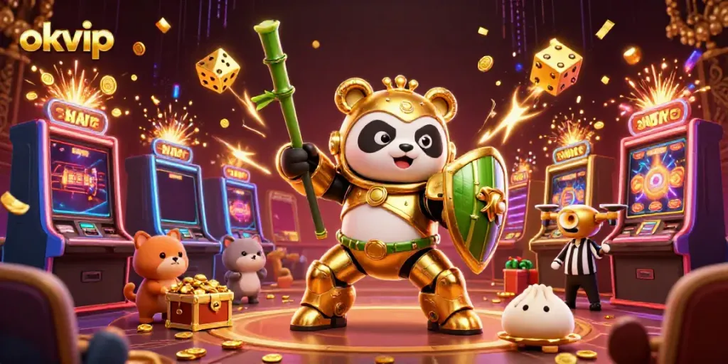 Experience the excitement of okvip with a vibrant 3D casino scene featuring a mech-suit panda amidst dynamic slot machines.