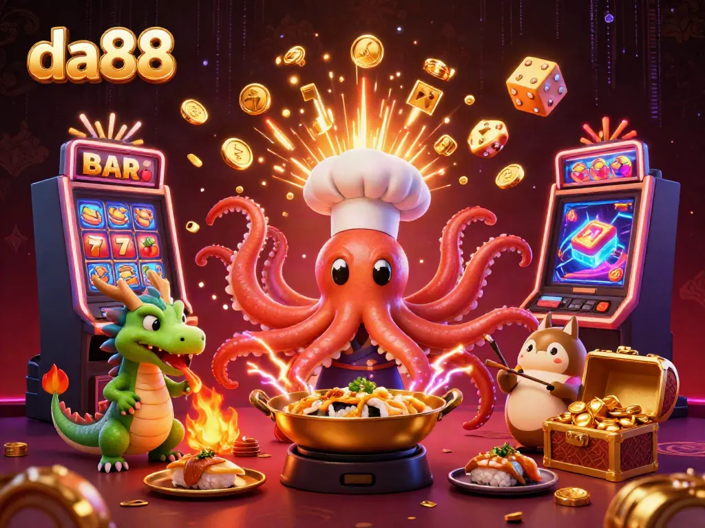 Experience the vibrant da88 casino scene with a dynamic sushi chef octopus and dragon, celebrating winning moments.