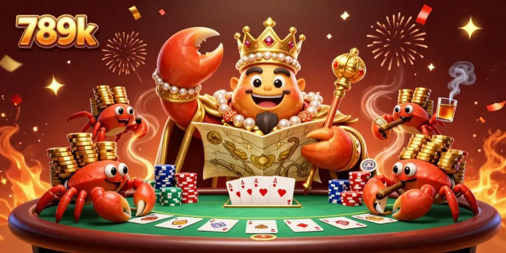 Engage in thrilling casino action with 789k featuring a golden crab emperor leading the game, stacks of poker chips, and vibrant celebrations.