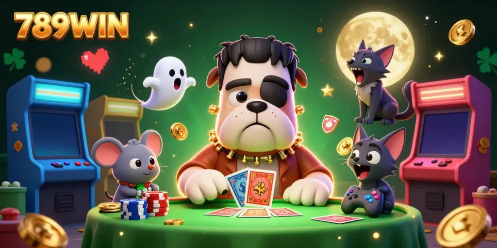 Engage in thrilling games at 789WIN with entertaining characters like a Frankenstein bulldog dealer.