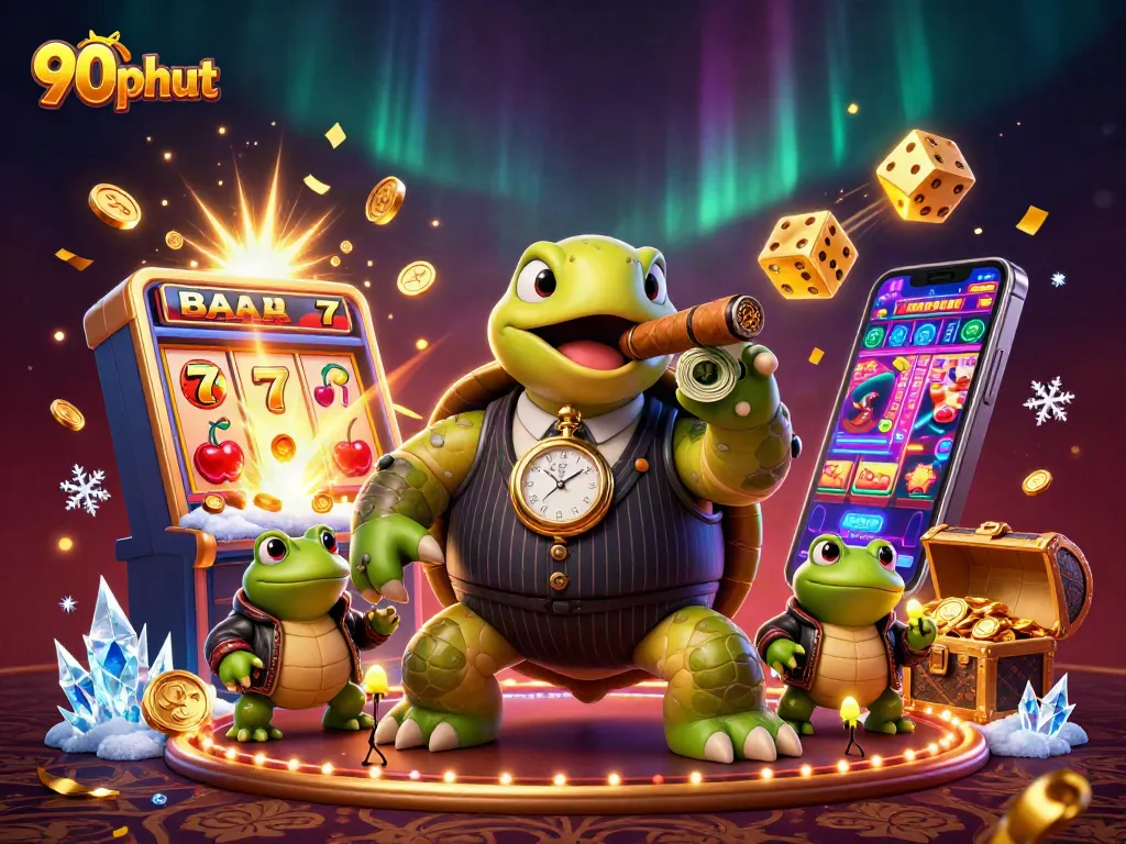 90phut showcases a vibrant 3D scene featuring a snapping turtle and bullfrog enforcers enjoying a lively casino atmosphere.