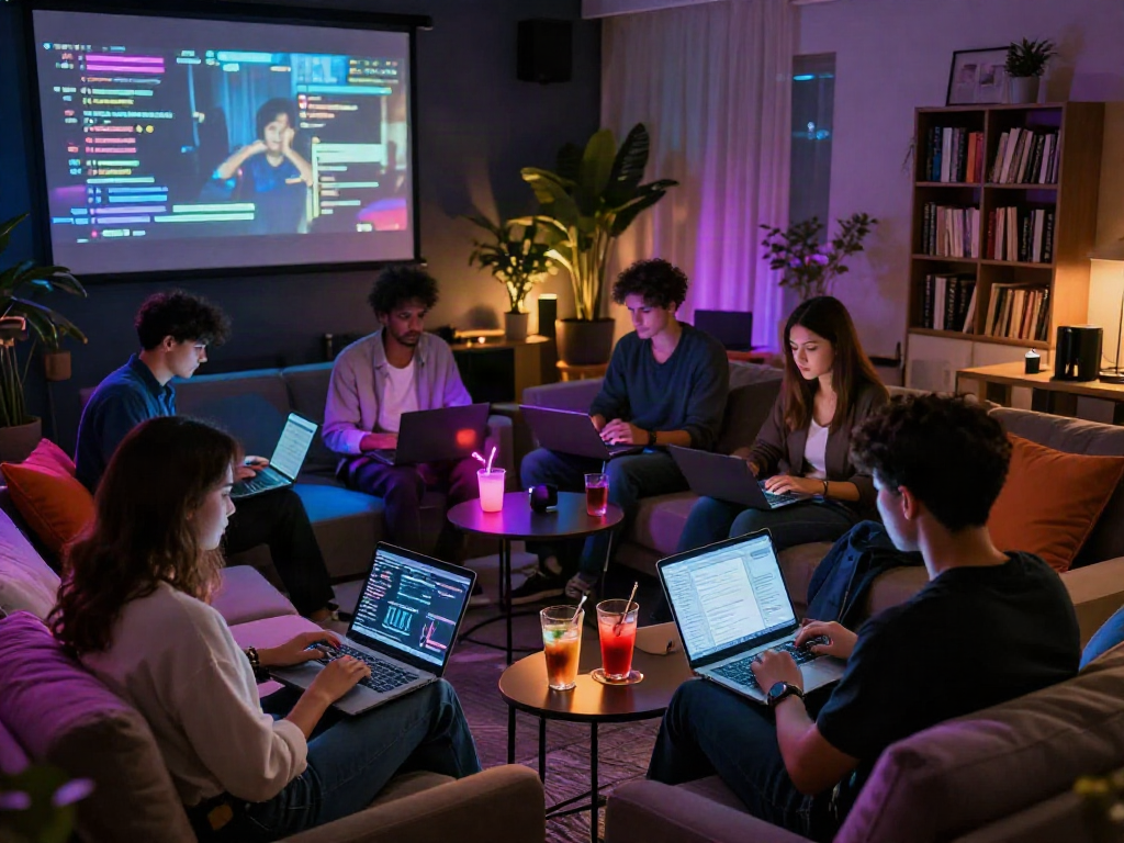 Engaged users in a vibrant setting for nsfw chat discussions, featuring tech devices and cozy atmosphere.
