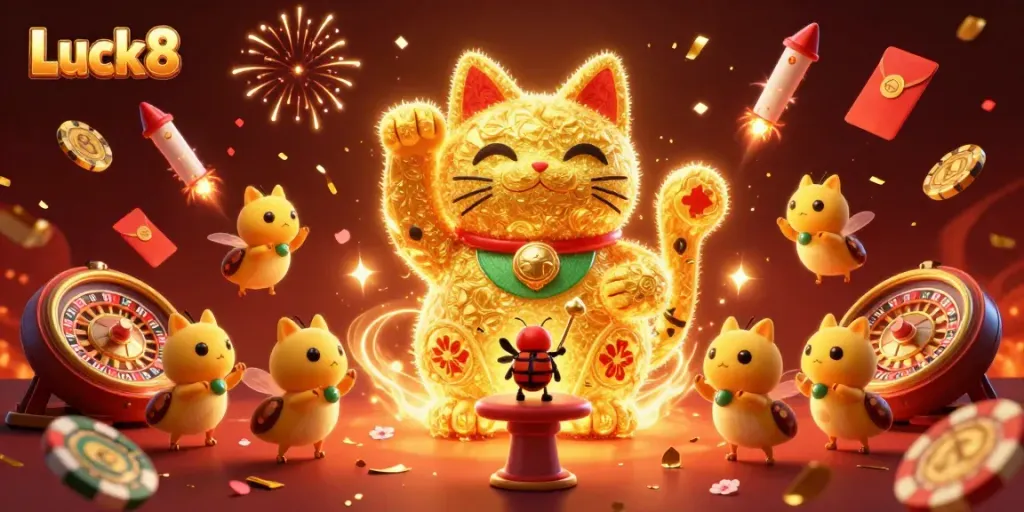 Engage in thrilling action with Luck8, a vibrant illustration of casino symbols and dynamic characters.