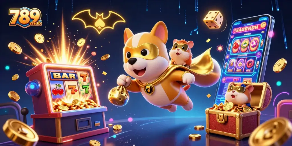 Experience vibrant gaming action in 789club with a superhero dog, slot machines, and explosive jackpots!