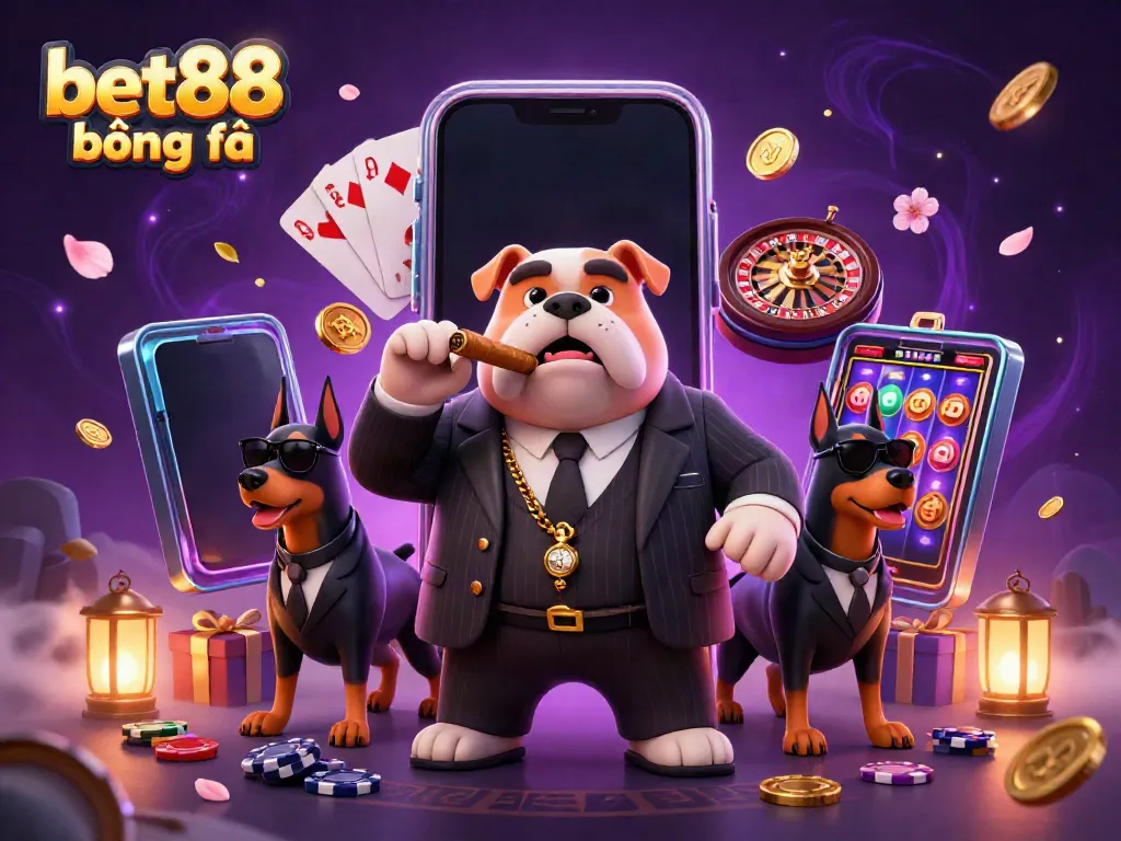 Experience exciting bet88 bóng đá with a vibrant illustration of a cartoon bulldog and Dobermans surrounded by casino elements.