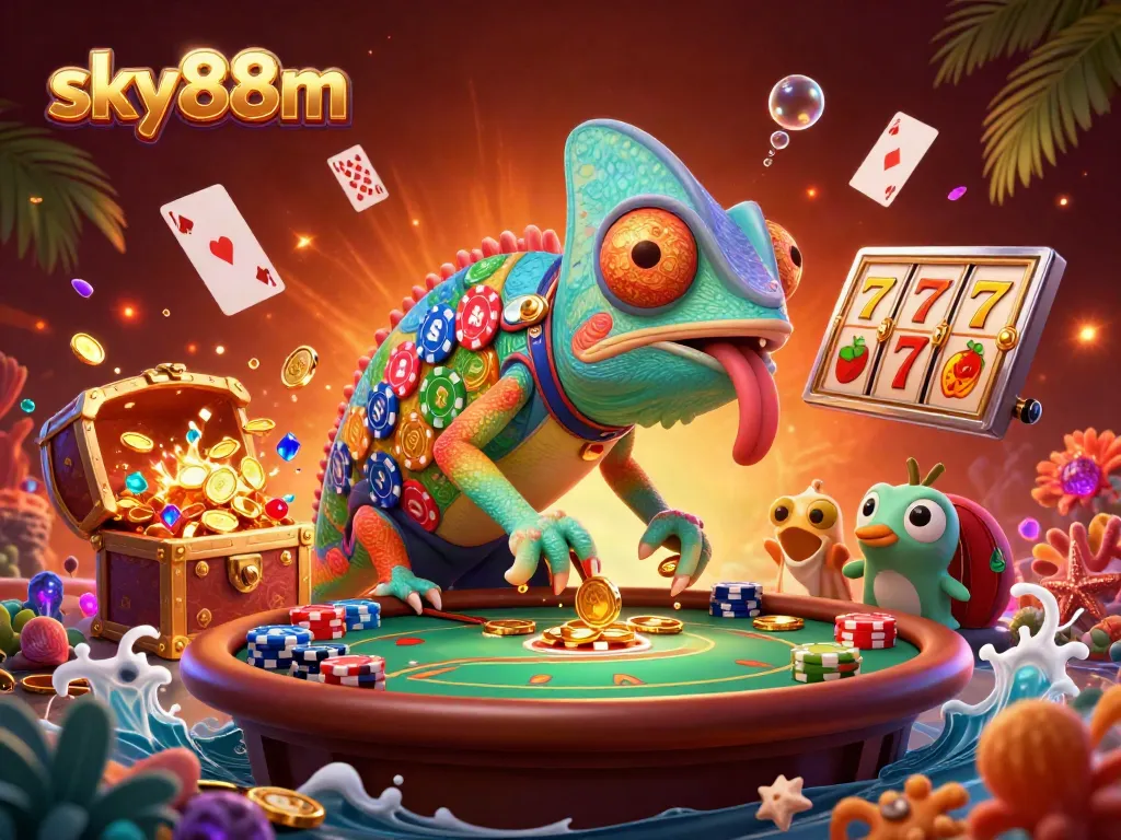 Engage with sky88m's dynamic casino thrills featuring colorful chameleon, slot reels, and treasures.