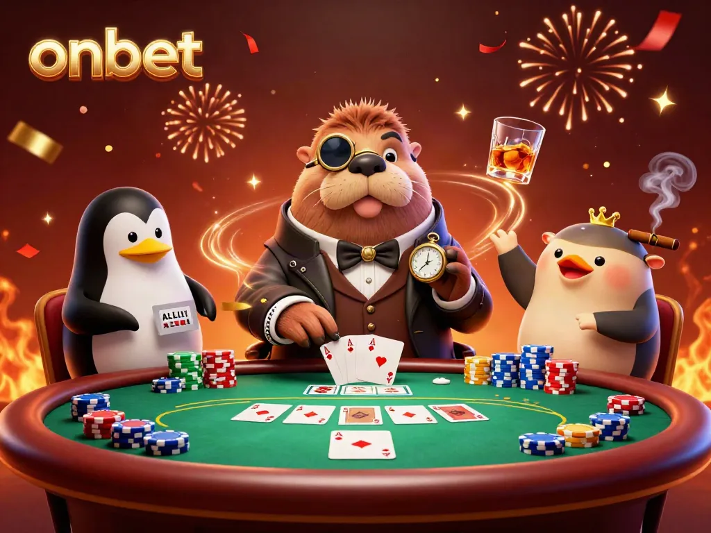 Experience the excitement of onbet gambling at an underwater poker table with dynamic characters and colorful decor.
