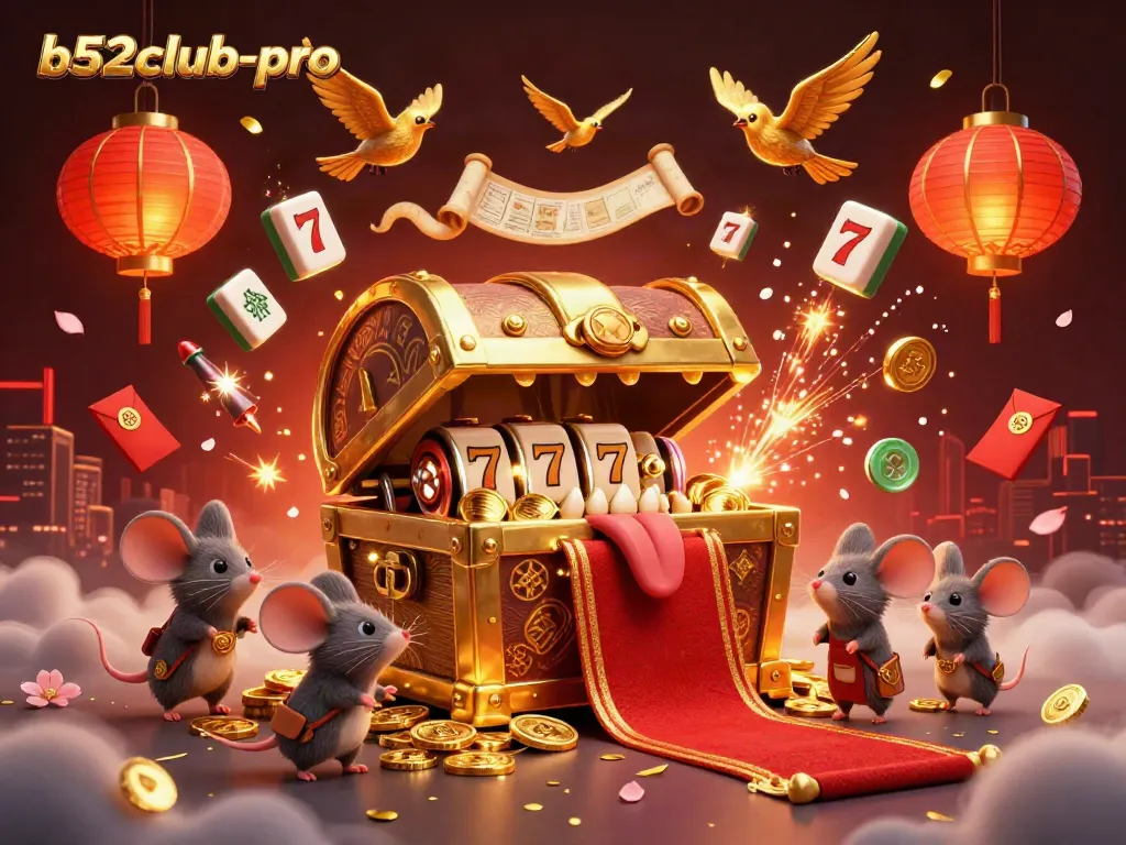 Engage with the vibrant b52club-pro adventure featuring a golden treasure chest, floating slot machines, and festive decorations.