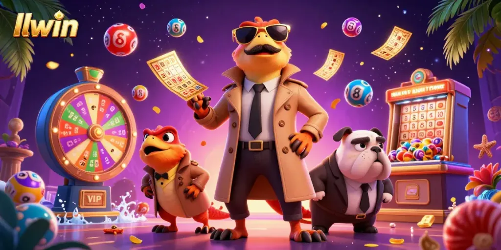 Experience llwin gaming excitement with colorful lottery elements and 3D raptors entering a casino lounge.