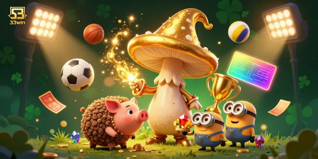 Engage in thrilling action with 33win, featuring a golden mushroom wizard and sports elements.