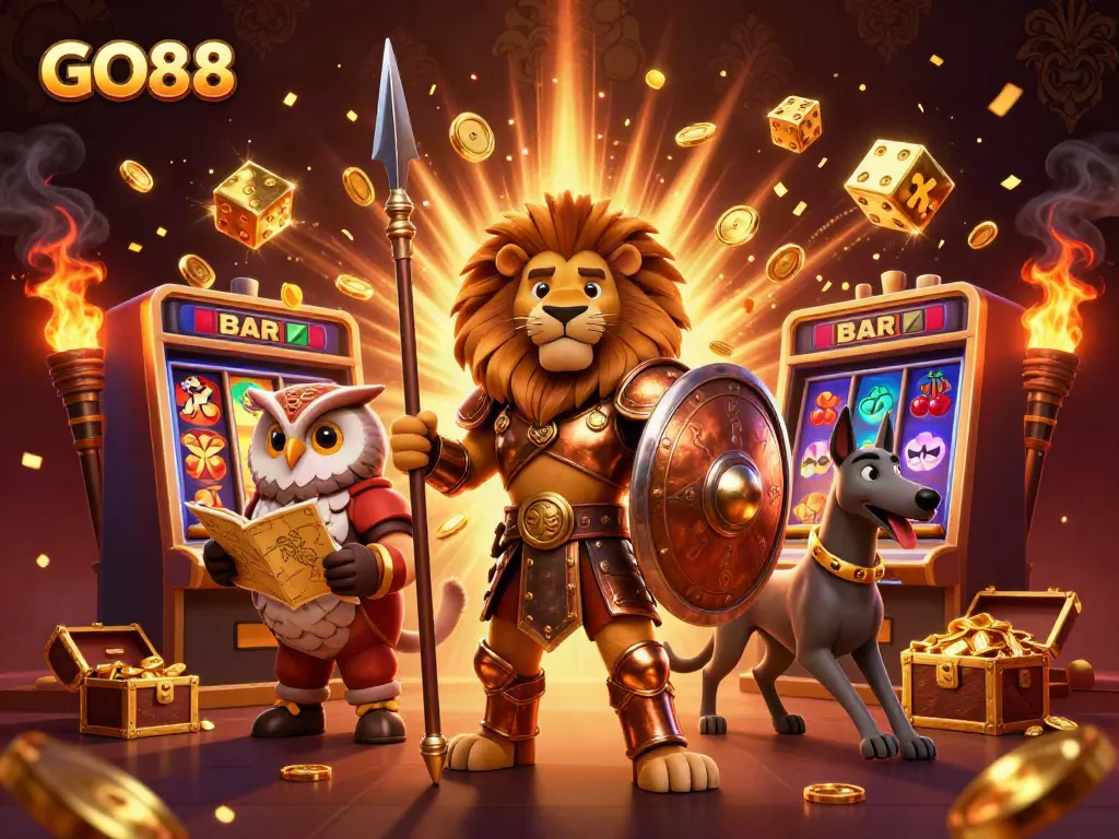 Experience the thrill of GO88 with an exciting 3D casino illustration showcasing a Spartan lion and gaming elements.