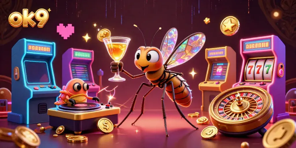 Engage in thrilling casino action with ok9's vibrant 3D frozen mosquito mascot and exciting gaming elements.