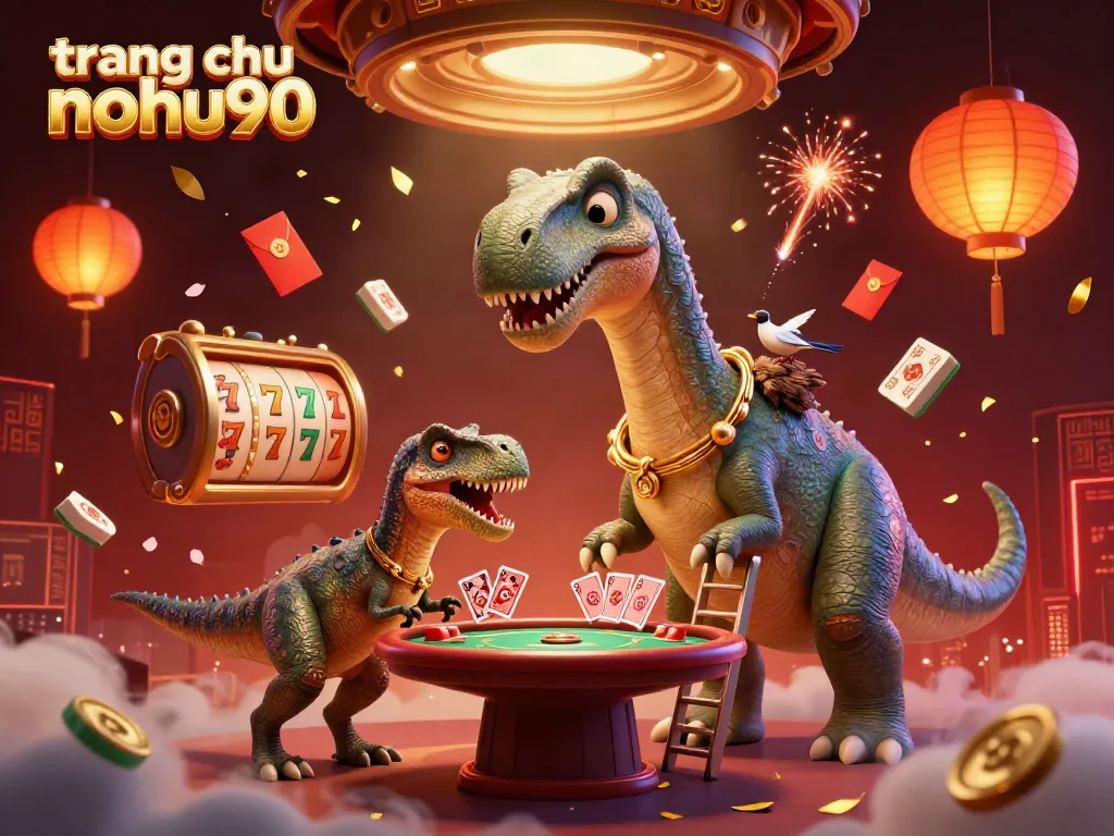 Experience excitement at trang chu nohu90 with a playful dinosaur hosting a poker game beneath sparkling casino elements.