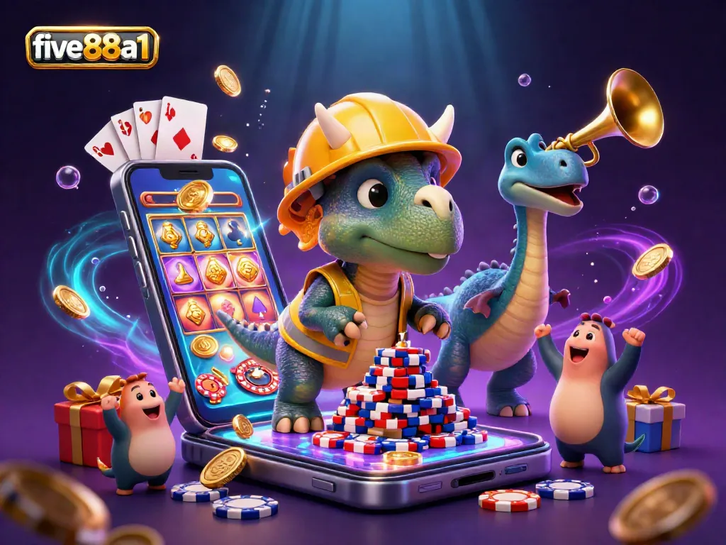 Experience thrilling wins at five88a1 with a lively 3D casino scene featuring vibrant games and cheerful characters.