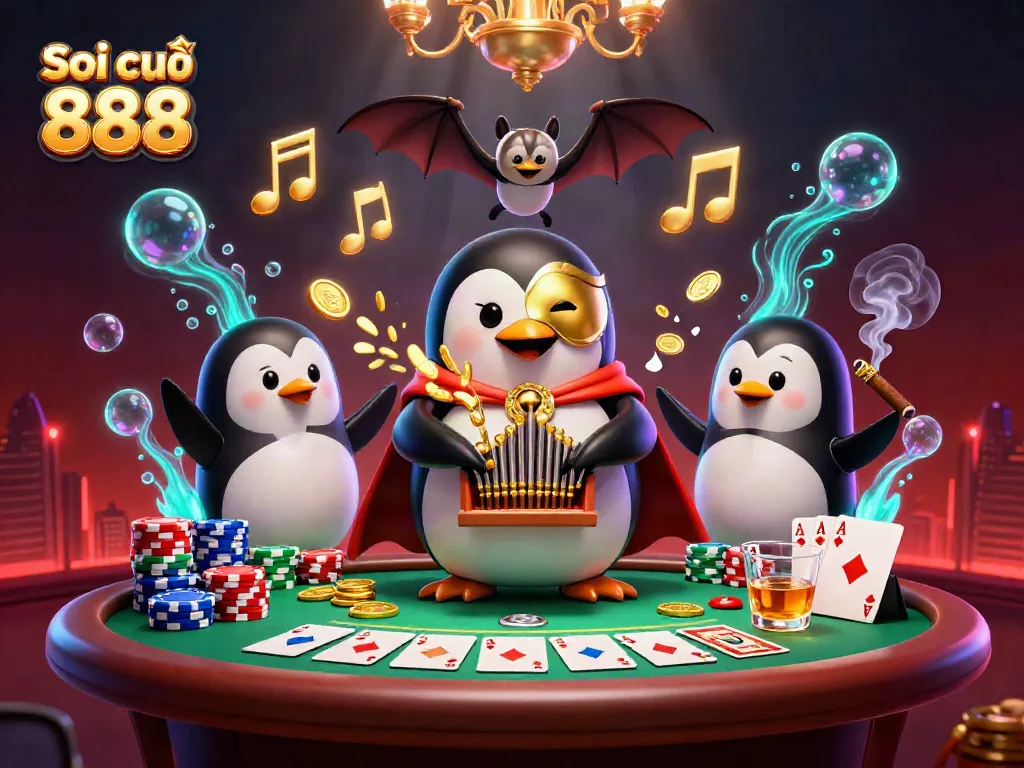 Soi cầu 888 penguin organ player scene with golden coins and poker elements