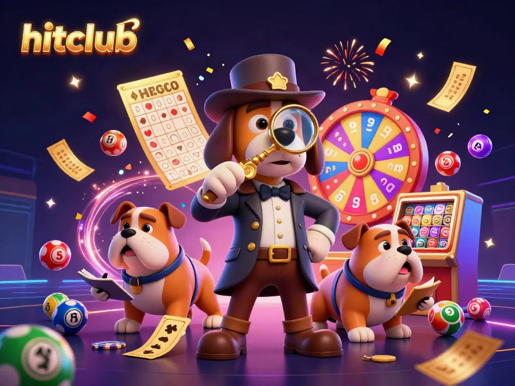 Hitclub unveils a thrilling casino adventure with cartoon detectives amidst colorful lottery elements.