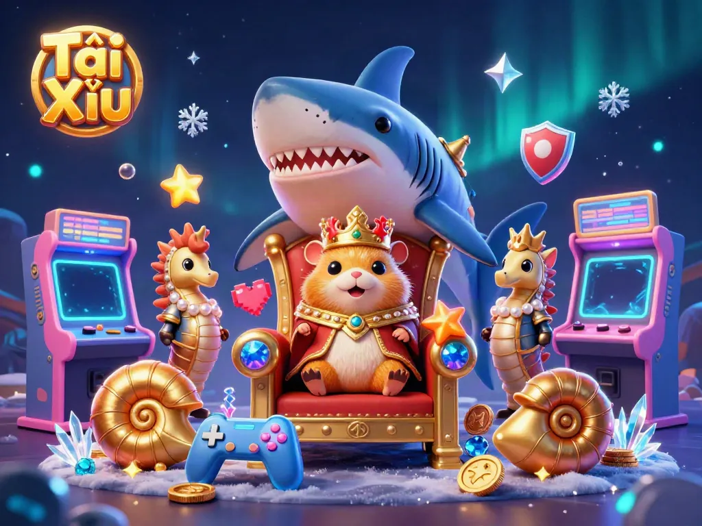 Engage in Tài Xỉu gaming, featuring a golden hamster king and colorful arcade elements in a vibrant casino scene.