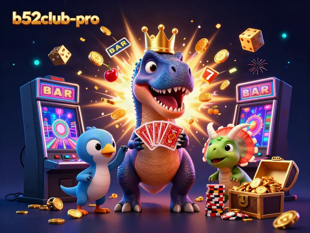Experience the thrill of gaming at b52club-pro with a colorful casino scene featuring engaging characters and jackpots.