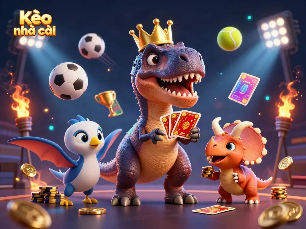 Engage with Kèo nhà cái in a vibrant gambling scene featuring dinosaur characters and sports elements.
