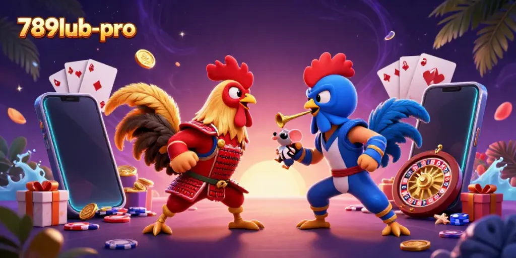 Immerse in the showdown of fighting roosters at 789lub-pro, showcasing dynamic gambling elements.