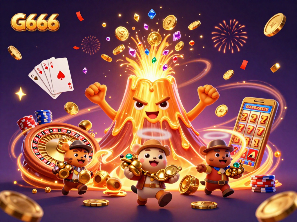 Experience thrilling wins with G666 as a golden volcano erupts treasure amidst lavish casino elements.
