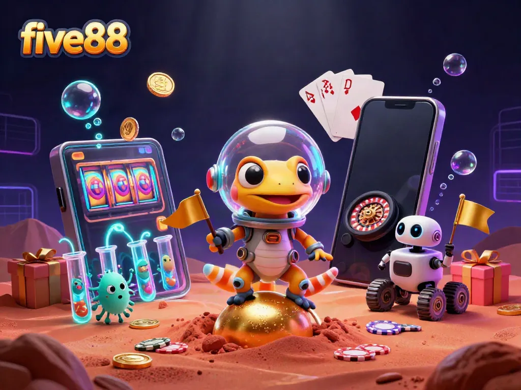 Experience the excitement of five88 with a Martian gecko unearthing a golden casino on Mars.