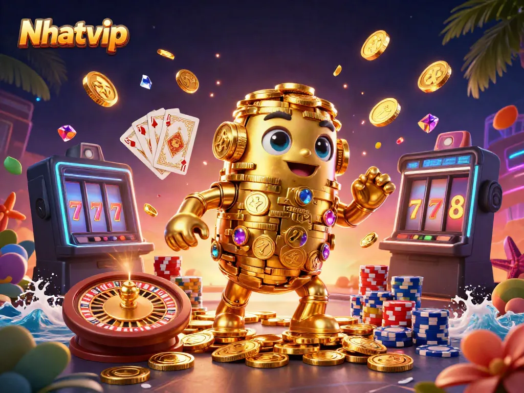 Nhatvip showcases a dynamic 3D casino scene filled with a golden golem, vibrant slot symbols, and cascading coins.