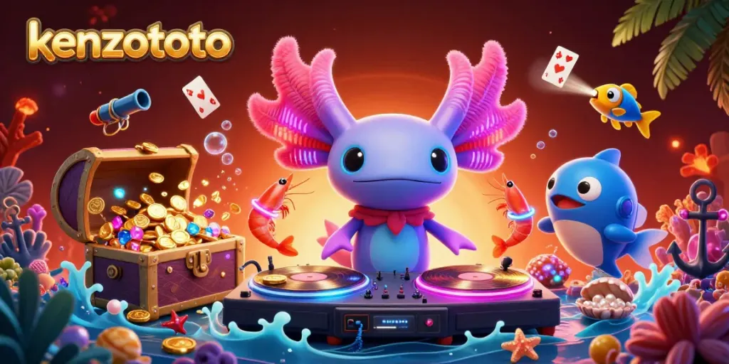 Kenzototo showcases an exciting underwater scene with a neon axolotl DJ and vibrant sea creatures celebrating in a fish shooting game atmosphere.